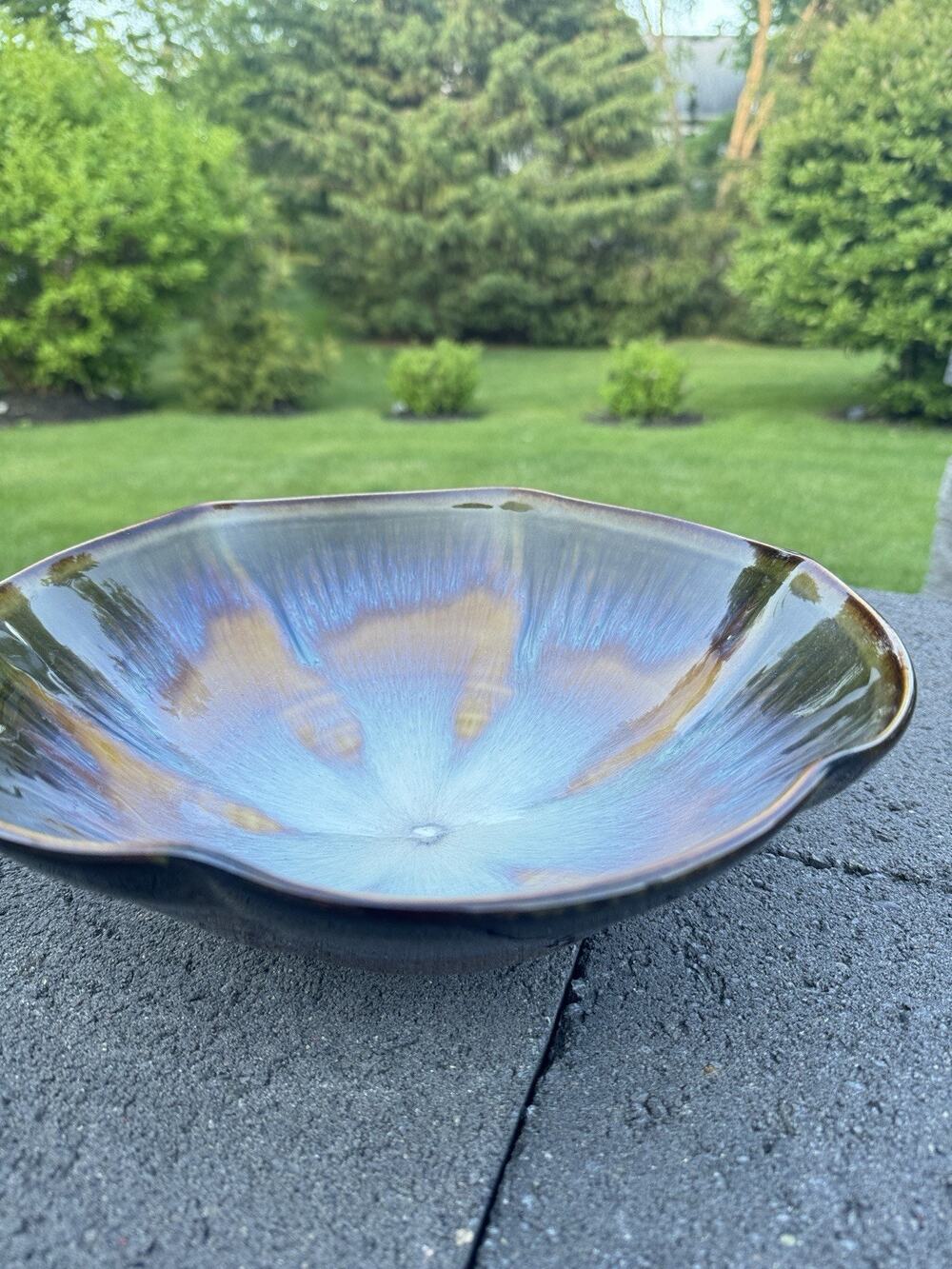 Vintage Bill Campbell Dip Glaze Signed Lotus Tulip Art Pottery Bowl 11” Diameter